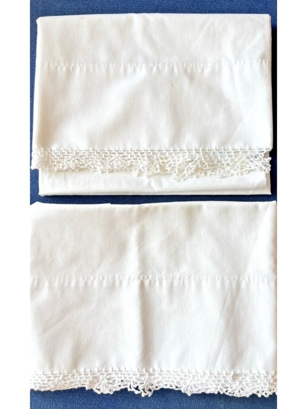 Vintage White Pillowcase PAIR Hand-Crocheted Lace Trim 30" x 20" Cottagecore